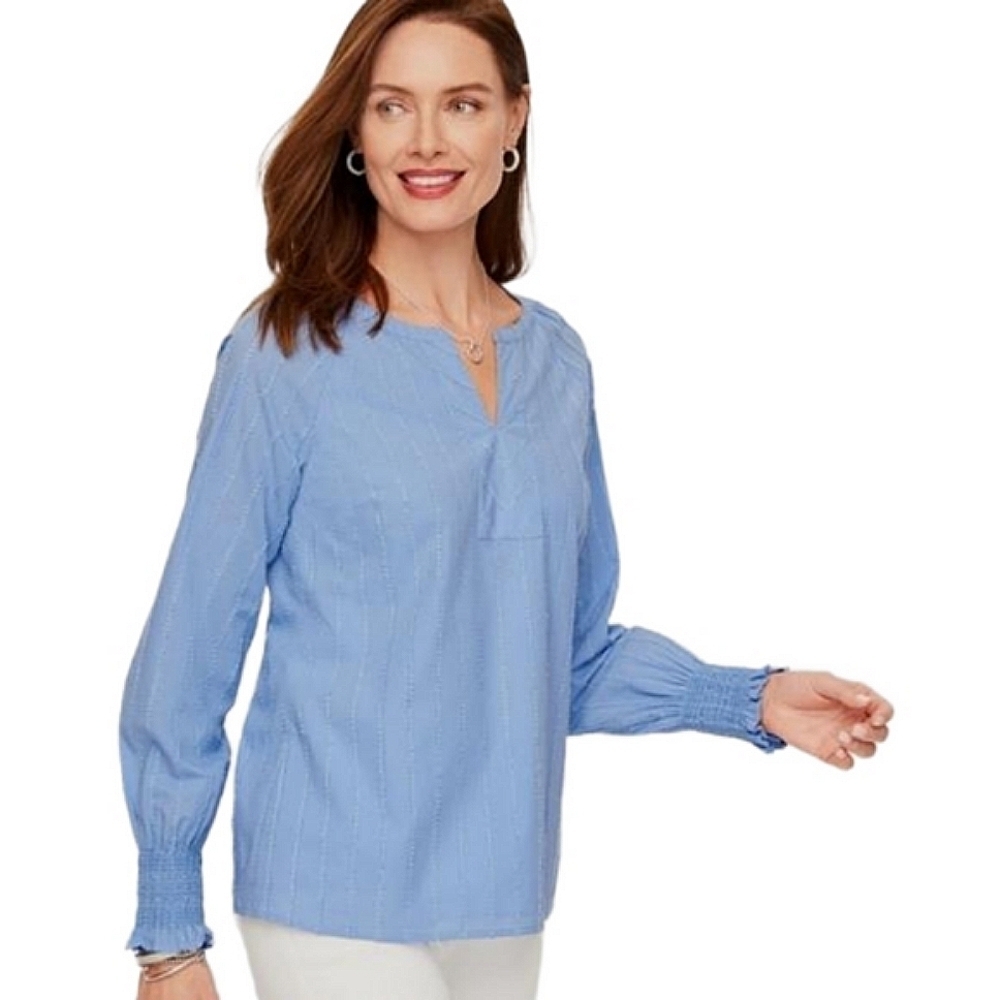 Talbots‎ Blue Cotton Raglan Stripe Popover Long Sleeve Smocked Cuff Peasant Top